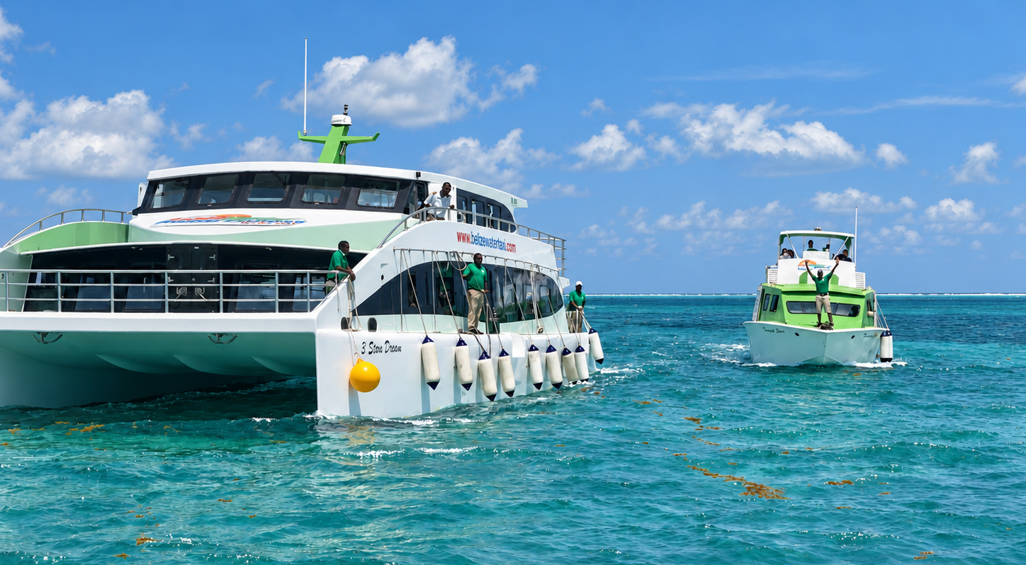 Two SPBE boats abreast in turquoise water, the 3 Stars Dream catamaran and a smaller charter launch
