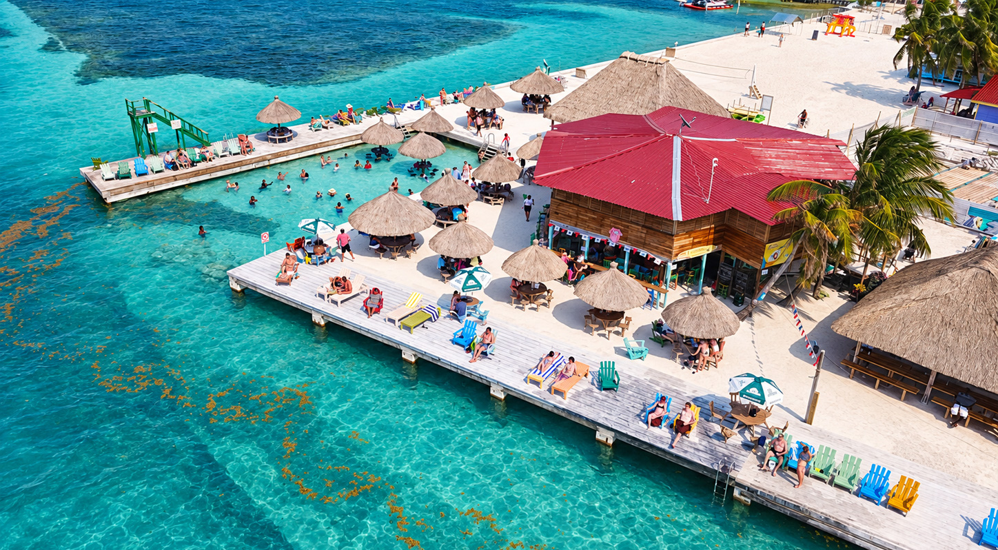 Aerial view of an SPBE beach club: thatched palapas, a wooden pier and swimmers in turquoise water